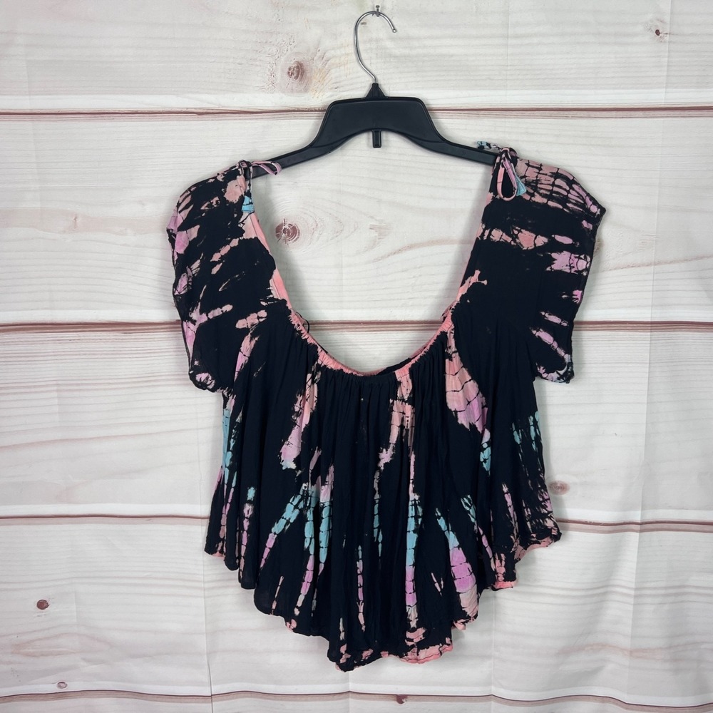 Surf‎ Gypsy Top Womens M Black Tie Dye Blouse Cropped Off The Shoulder Woven